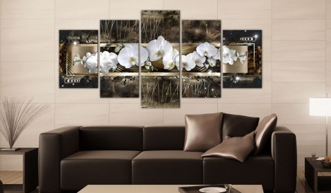 Obraz 5-częściowy - Złoty, Białe Orchidee Obraz 5-częściowy - Złoty, Białe Orchidee