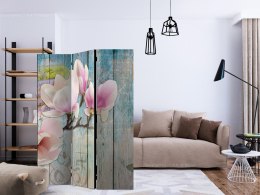 Parawan 3-częściowy - Różowe kwiaty na drewnie