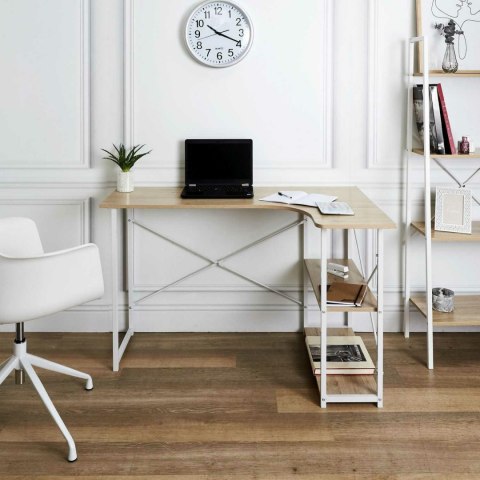 BIURKO NAROŻNE, BIAŁY METAL, MDF DĄB, 2 PÓŁKI, LOFT, SKANDYNAWSKIE, 120 CM BIURKO NAROŻNE, BIAŁY METAL, MDF DĄB, 2 PÓŁKI, LOFT, SKANDYNAWSKIE, 120 CM