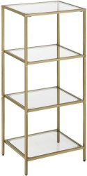 ZŁOTY REGAŁ GLAMOUR, 4 SZKLANE PÓŁKI, DO SALONU, METALOWY, ELEGANCKI, 1 m