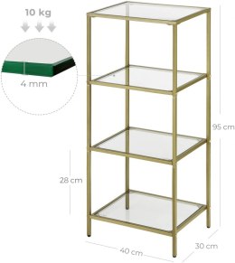 ZŁOTY REGAŁ GLAMOUR, 4 SZKLANE PÓŁKI, DO SALONU, METALOWY, ELEGANCKI, 1 m