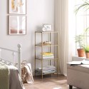 ZŁOTY REGAŁ GLAMOUR, 4 SZKLANE PÓŁKI, DO SALONU, METALOWY, ELEGANCKI, 1 m