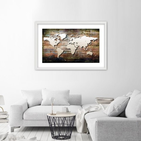 Plakat w białej ramie - Mapa świata na starych deskach Plakat w białej ramie - Mapa świata na starych deskach