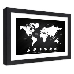 Plakat w czarnej ramie - Kontrastowa mapa świata i kontynenty