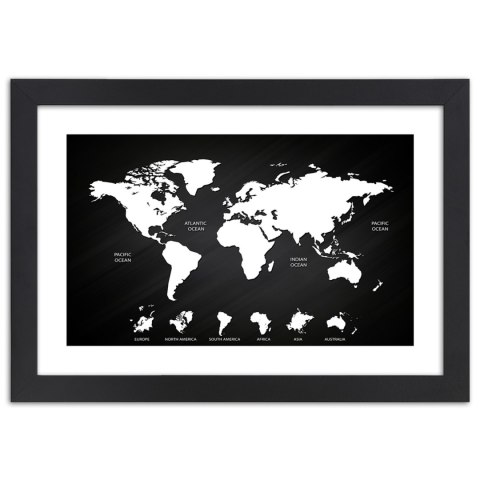 Plakat w czarnej ramie - Kontrastowa mapa świata i kontynenty Plakat w czarnej ramie - Kontrastowa mapa świata i kontynenty