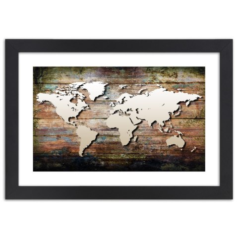 Plakat w czarnej ramie - Mapa świata na starych deskach Plakat w czarnej ramie - Mapa świata na starych deskach