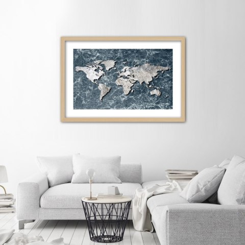 Plakat w drewnianej ramie - Mapa świata na marmurze Plakat w drewnianej ramie - Mapa świata na marmurze