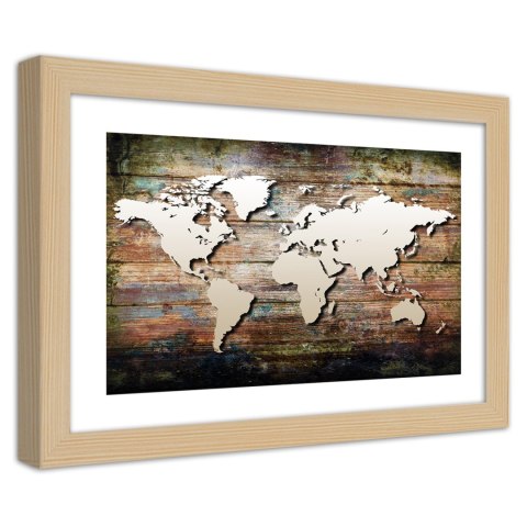 Plakat w drewnianej ramie - Mapa świata na starych deskach Plakat w drewnianej ramie - Mapa świata na starych deskach