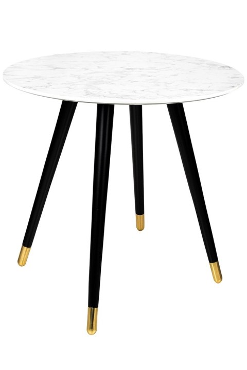 BIAŁY OKRĄGŁY STOLIK KAWOWY GLAMOUR, CZARNO ZŁOTE NOGI, DO SALONU, 90 CM