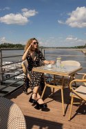 RATTANOWY STÓŁ DO OGRODU - LORENS, SZKLANY BLAT, METAL, JASNY BRĄZ, KWADRAT