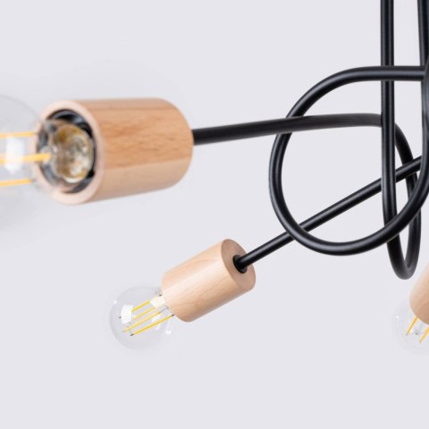 ŻYRANDOL LAMPA SUFITOWA LUMINOS, DREWNO, STAL, LOFT, 5XE27, CZARNY, SALON