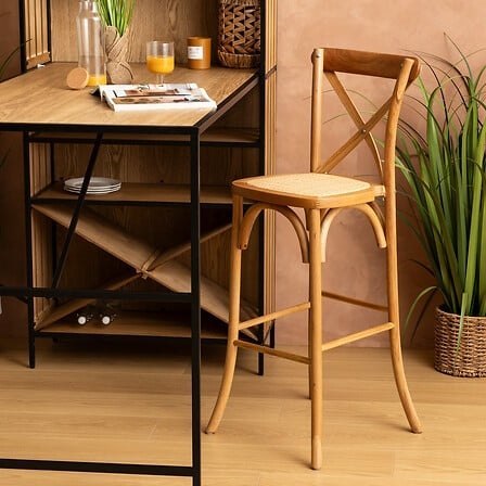 RUSTYKALNE KRZESŁO BAROWE Z OPARCIEM, HOKER VINTAGE, DREWNO, DĄB, RATTAN RUSTYKALNE KRZESŁO BAROWE Z OPARCIEM, HOKER VINTAGE, DREWNO, DĄB, RATTAN
