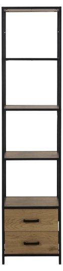 CZARNY REGAŁ DENMARK, DĄB, MDF, NA KSIĄŻKI, 180 CM, 5 PÓŁEK, 2 SZUFLADY