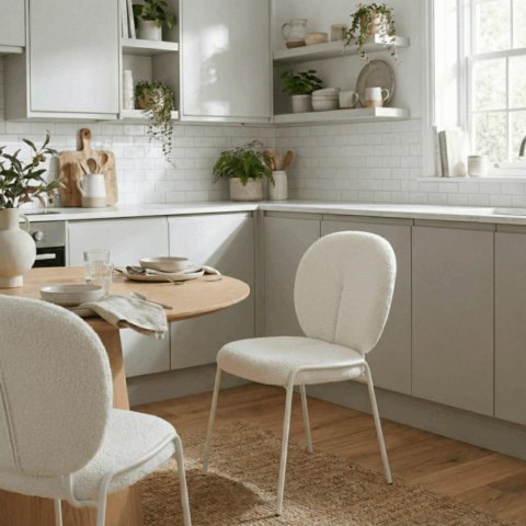 BIAŁE KRZESŁO MODERN GLAMOUR, DO JADALNI, TKANINA BOUCLE, WYGODNE, METALOWE