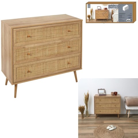 KOMODA BOHO, PLECIONKA, NATURALNA, DO SALONU, 3 SZUFLADY, RATTAN, DĄB