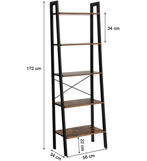 REGAŁ NA KSIĄŻKI BASTIDE, 5 PÓŁEK, LOFT, INDUSTRIALNY, DO SALONU, 172 CM