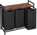 KOSZ NA PRANIE 3-KOMOROWY RUSTIQUE, 114L, LOFT, RUSTYKALNY, PÓŁKA, MDF