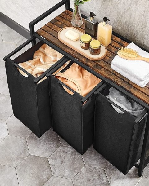 KOSZ NA PRANIE 3-KOMOROWY RUSTIQUE, 114L, LOFT, RUSTYKALNY, PÓŁKA, MDF