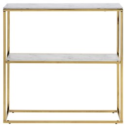 ZŁOTA KONSOLA GLAMOUR DO SALONU, SZKLANY BLAT, BIAŁY MARMUR, Z PÓŁKĄ, 80 CM